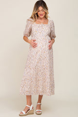 Cream Floral Puff Sleeve Maternity Midi Dress