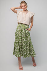 Green Floral Pleated Midi Skirt