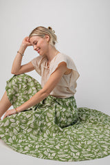 Green Floral Pleated Midi Skirt