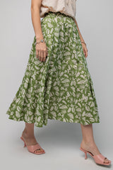 Green Floral Pleated Midi Skirt