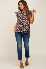 Black Floral Smocked Mock Neck Ruffle Sleeve Maternity Top