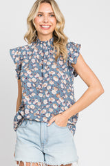 Blue Floral Smocked Mock Neck Ruffle Sleeve Maternity Top