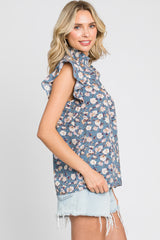 Blue Floral Smocked Mock Neck Ruffle Sleeve Top