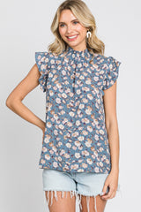 Blue Floral Smocked Mock Neck Ruffle Sleeve Top