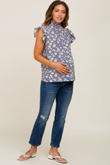 Blue Floral Smocked Mock Neck Ruffle Sleeve Maternity Top