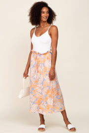 Peach Leaf Print Overlap Midi Skirt