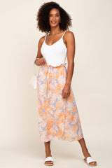 Peach Leaf Print Overlap Midi Skirt