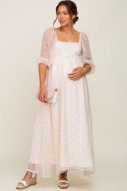 Cream Floral Square Neck Puff Sleeve Organza Maternity Maxi Dress