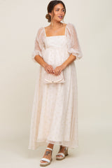 Cream Floral Square Neck Puff Sleeve Organza Maternity Maxi Dress