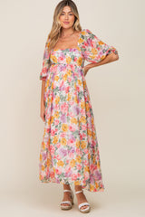 Pink Floral Shimmer Chiffon Square Neck 3/4 Sleeve Maternity Maxi Dress