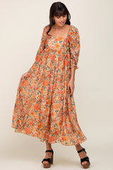 Peach Floral Shimmer Chiffon Square Neck 3/4 Sleeve Maternity Maxi Dress