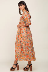 Peach Floral Shimmer Chiffon Square Neck 3/4 Sleeve Maxi Dress