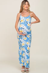 Blue Floral Sleeveless Maternity Maxi Dress