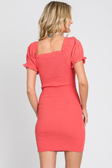 Coral Off-Shoulder Smocked Front Tie Fitted Dress