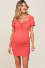 Coral Off-Shoulder Smocked Front Tie Fitted Maternity Dress