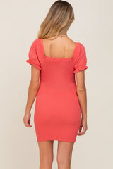 Coral Off-Shoulder Smocked Front Tie Fitted Maternity Dress