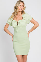 Mint Green Off-Shoulder Smocked Front Tie Fitted Dress