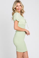 Mint Green Off-Shoulder Smocked Front Tie Fitted Dress