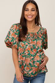 Green Floral Satin Smocked Accent Maternity Blouse