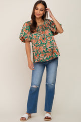 Green Floral Satin Smocked Accent Maternity Blouse