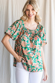 Green Floral Satin Smocked Accent Blouse