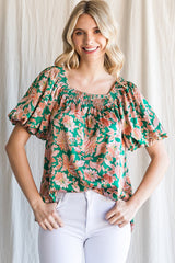 Green Floral Satin Smocked Accent Blouse