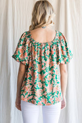 Green Floral Satin Smocked Accent Blouse