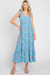 Light Blue Floral Square Neck Ruffle Strap Maxi Dress