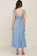 Light Blue Floral Square Neck Ruffle Strap Maternity Maxi Dress