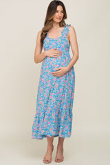 Light Blue Floral Square Neck Ruffle Strap Maternity Maxi Dress