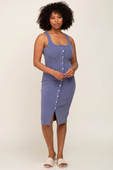 Navy Blue Ribbed Button Front Sleeveless Midi Dress