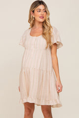 Beige Striped Linen Tiered Lace Up Back Maternity Dress