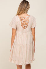 Beige Striped Linen Tiered Lace Up Back Maternity Dress