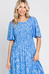 Blue Floral Flounce Sleeve Maxi Dress