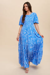 Blue Floral Flounce Sleeve Maternity Maxi Dress