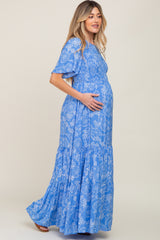 Blue Floral Flounce Sleeve Maternity Maxi Dress