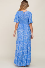 Blue Floral Flounce Sleeve Maternity Maxi Dress