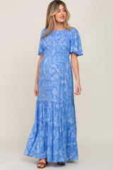 Blue Floral Flounce Sleeve Maternity Maxi Dress