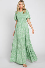 Light Green Floral Flounce Sleeve Maternity Maxi Dress