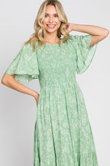 Light Green Floral Flounce Sleeve Maxi Dress