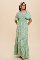 Light Green Floral Flounce Sleeve Maxi Dress