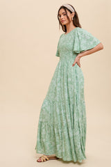 Light Green Floral Flounce Sleeve Maxi Dress