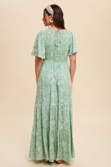 Light Green Floral Flounce Sleeve Maxi Dress