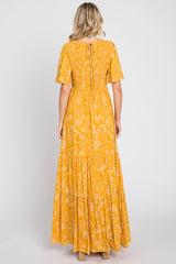 Yellow Floral Flounce Sleeve Maxi Dress