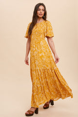 Yellow Floral Flounce Sleeve Maxi Dress