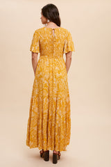 Yellow Floral Flounce Sleeve Maxi Dress