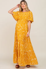 Yellow Floral Flounce Sleeve Maternity Maxi Dress