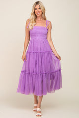 Lavender Smocked Mesh Midi Dress