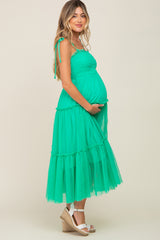 Mint Green Smocked Mesh Maternity Midi Dress