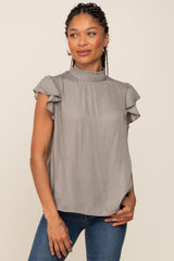 Olive Mock Neck Flutter Blouse